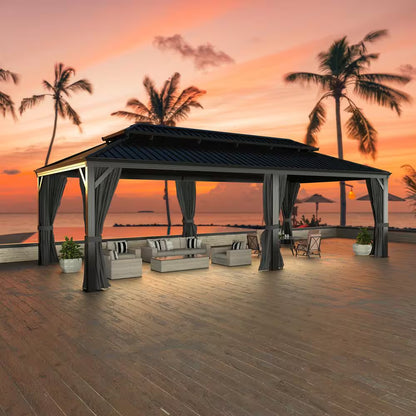 24 Ft. W X 14 Ft. D Hardtop Gazebo Aluminum Double Roof Metal Gazebo with Curtain and Netting