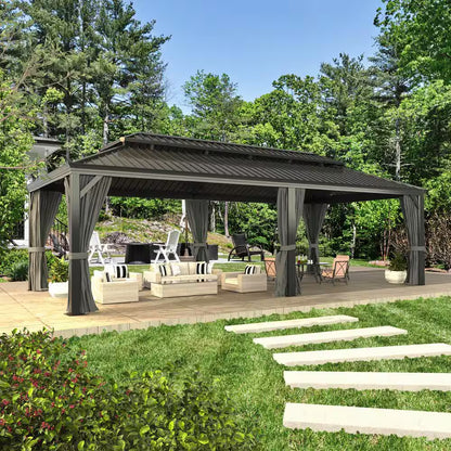 24 Ft. W X 14 Ft. D Hardtop Gazebo Aluminum Double Roof Metal Gazebo with Curtain and Netting