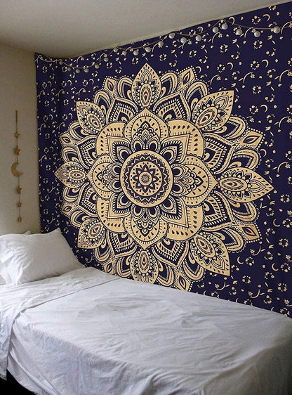 Rajsee Blue Gold Mandala Tapestry - Bedroom Aesthetic - Indie Boho Trippy Large Wall Hanging - 82X92 Inches