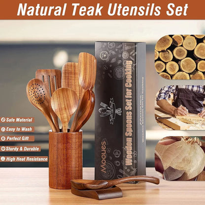 Wooden Spoons for Cooking with Wide Utensil Heads, 9 PCS Teak Wooden Utensils Set for Cooking, Spatula,Turner, Wood Spoon Set for Kitchen Essentials, Non-Stick Cookware, Heat Resistant
