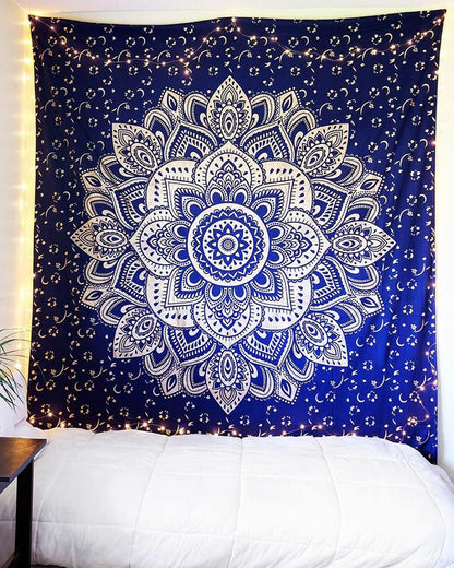 Rajsee Blue Gold Mandala Tapestry - Bedroom Aesthetic - Indie Boho Trippy Large Wall Hanging - 82X92 Inches