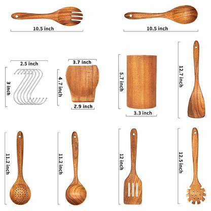 ​9-Piece Wooden Spoons for Cooking-Comfort-Grip Wooden Utensils for Cooking-Smooth Finish Wooden Cooking Utensils with Utensils Holder-Wooden Kitchen Utensil Set with Spoon Rest & Hooks