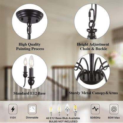 Black Farmhouse Chandeliers for Dining Room Light Fixture, Rustic Metal Traditional Candle Chandelier for Bedroom Kitchen Living Room Entryway Foyer Farmhouse Light Fixtures Ceiling Hanging
