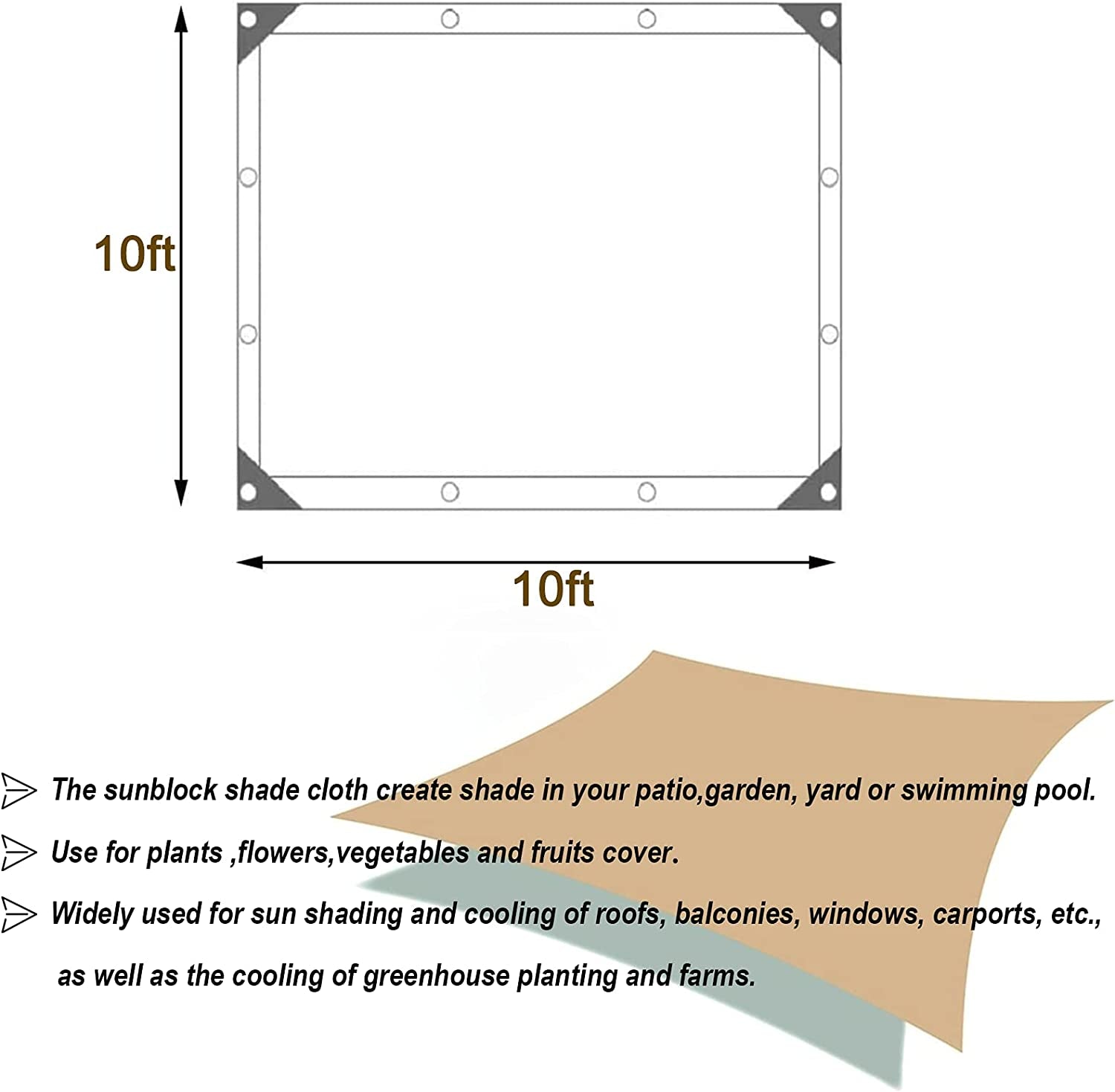Sunblock Shade Cloth 70% Shade Net Greenhouse Covers 10Ft X 10Ft Fabric Mesh Tarp Sunshade Sunscreen UV Resistant Netting with Grommets for Garden Patio Lawn Plant Parking Yard or Kennel
