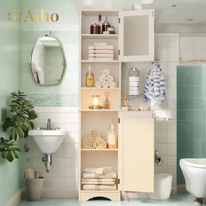 67.1 " Bathroom Storage Cabinet with Adjustable Shelves, Kitchen Pantry with Two-Way Doors for Bathroom and Kitchen, Freestanding - White