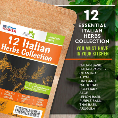 12 Italian Herb Seeds Pack - Heirloom and Non GMO, Grown in USA - Indoor or Outdoor Garden - Four Basil Varieties and Parsley, Cilantro, Rosemary, Thyme, Oregano, Marjoram, Sage, Arugula