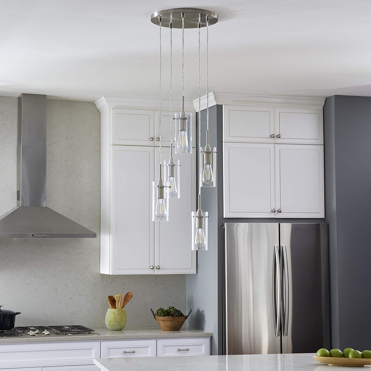 Effimero 5-Light Cluster Pendant Lights Stairwell Lighting Large Chandelier Brushed Nickel Modern Chandelier Light Fixture Foyer Chandeliers Entryway High Ceiling Staircase Lights