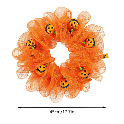 45Cm Halloween Door Wreath Artificial Autumn Wreath Orange Pumpkin Wreath Mesh Fabric Garland for Home Decor Indoor Outdoor