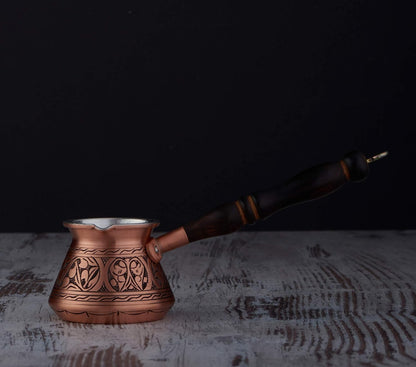 2Mm Thickest Copper Turkish Greek Arabic Coffee Pot Engraved Stovetop Coffee Maker Cezve Ibrik Briki with Wooden Handle & Spoon, for 3 People (Matte Copper)