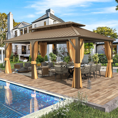 12'X20' Gazebo Hardtop, Galvanized Steel Double Roof Metal Gazebo with Aluminum Frame, Permanent Outdoor Pavilion with Curtain and Netting for Patio, Lawn and Garden