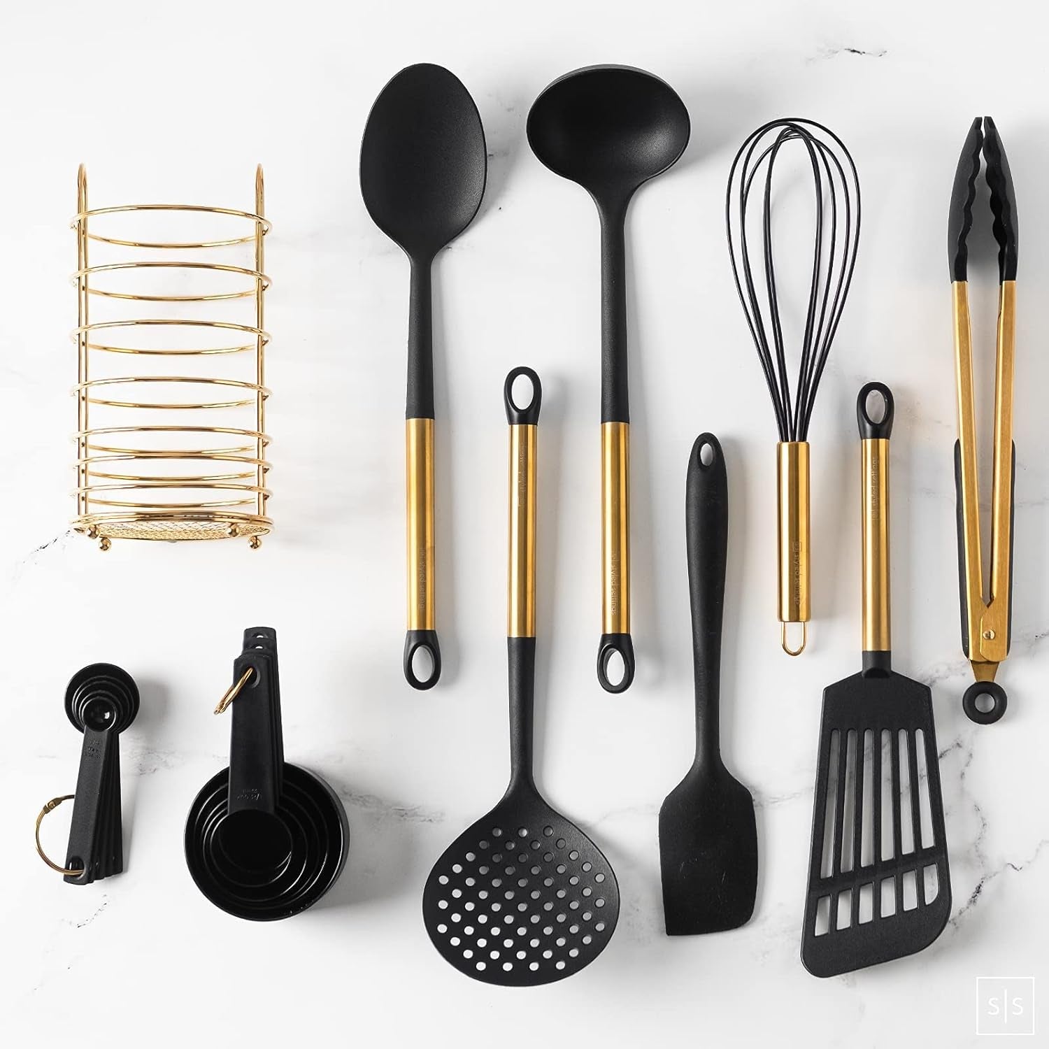 Black and Gold Kitchen Utensils Set with Stainless Steel Holder – 18-Piece Nylon Cooking Utensils with Measuring Cups and Spoons – Stylish Gold Kitchen Accessories for Baking and Cooking