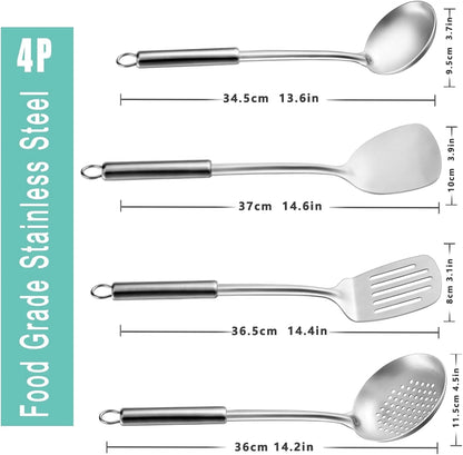 4 Pcs Cooking Utensils Set, 304 Stainless Steel Kitchen Utensils, Include Wok Ladle, Slotted Spoon, Wok Spatula and Slotted Spatula, Dishwasher Safe