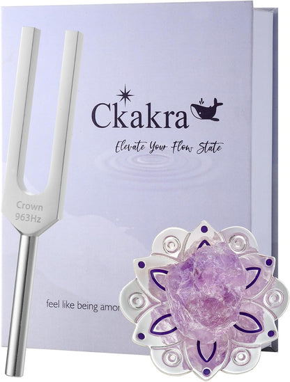 Solfeggio Frequencies Tuning Fork with Crystal Kit,Solfeggio Energy Tuners,963Hz Crown Chakra,Natural Amethyst,Meditation Gifts for Women,Shiny Silver