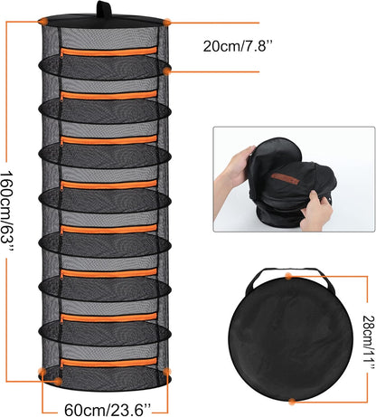 Herb Drying Rack-2Ft Diameter 8 Layer Folding Mesh Hanging Basket Dryer Net with Zippers for Seeds Flowers Buds Plants Garden Outdoor Bumper Harvest(D24Xh31 Inch)