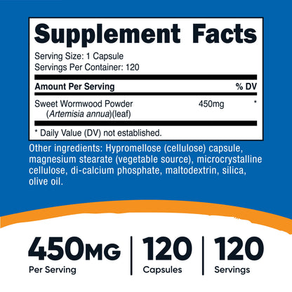 Wormwood Capsules 450Mg 120 Capsules - Gluten Free and Non-Gmo Supplement