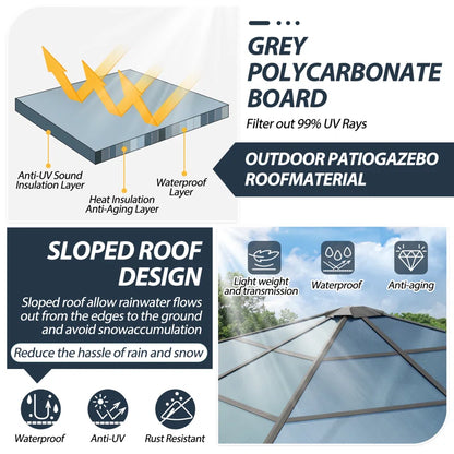 Steel Patio Gazebo - Polycarbonate Hardtop Gazebo with Curtains & Netting