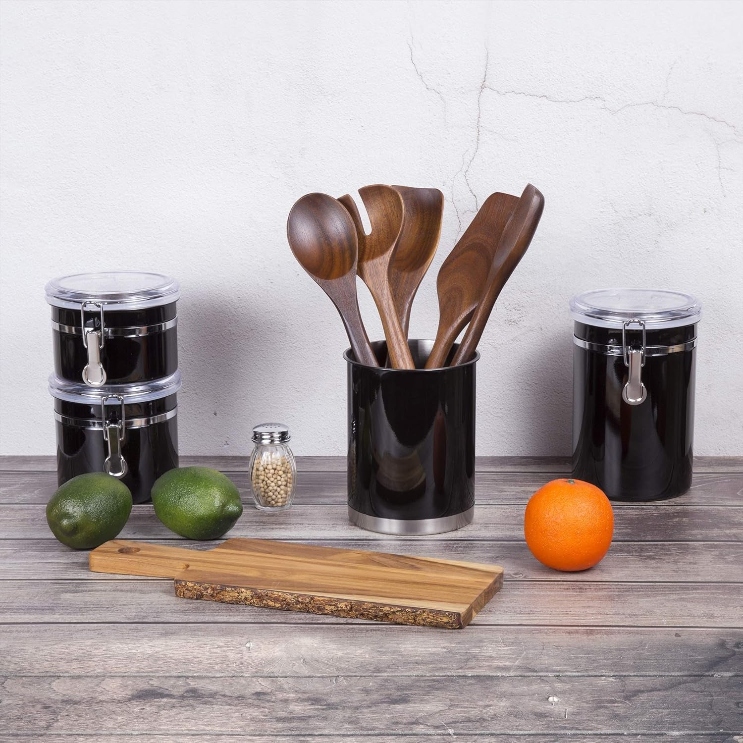 Stainless Steel Utensil Holder– 6.3" Large Cooking Tool Organizer for Kitchen Decor and Countertop Storage, Stable Anti-Tip Design, Durable Powder-Coated Finish, Black