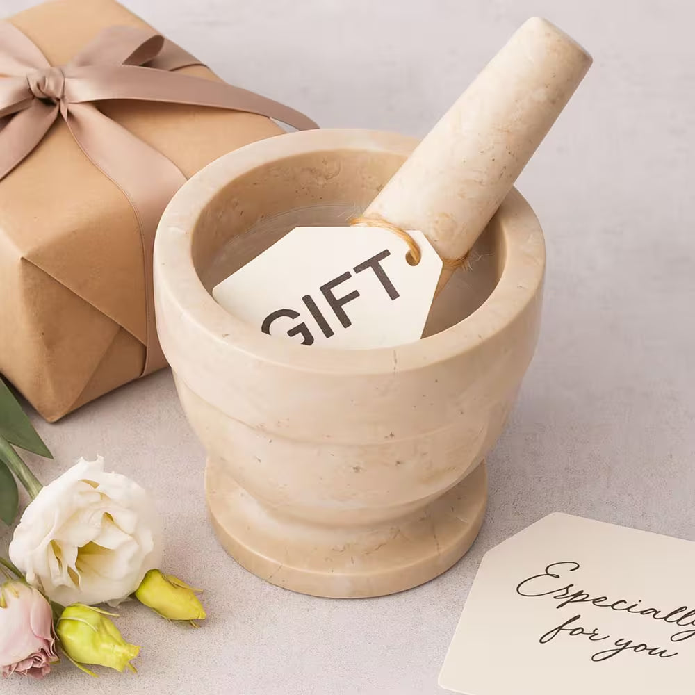 5.9 In. Dia X 5.9 In. H Natural Champagne Marble Mortar and Pestle Set with Spice Grinder