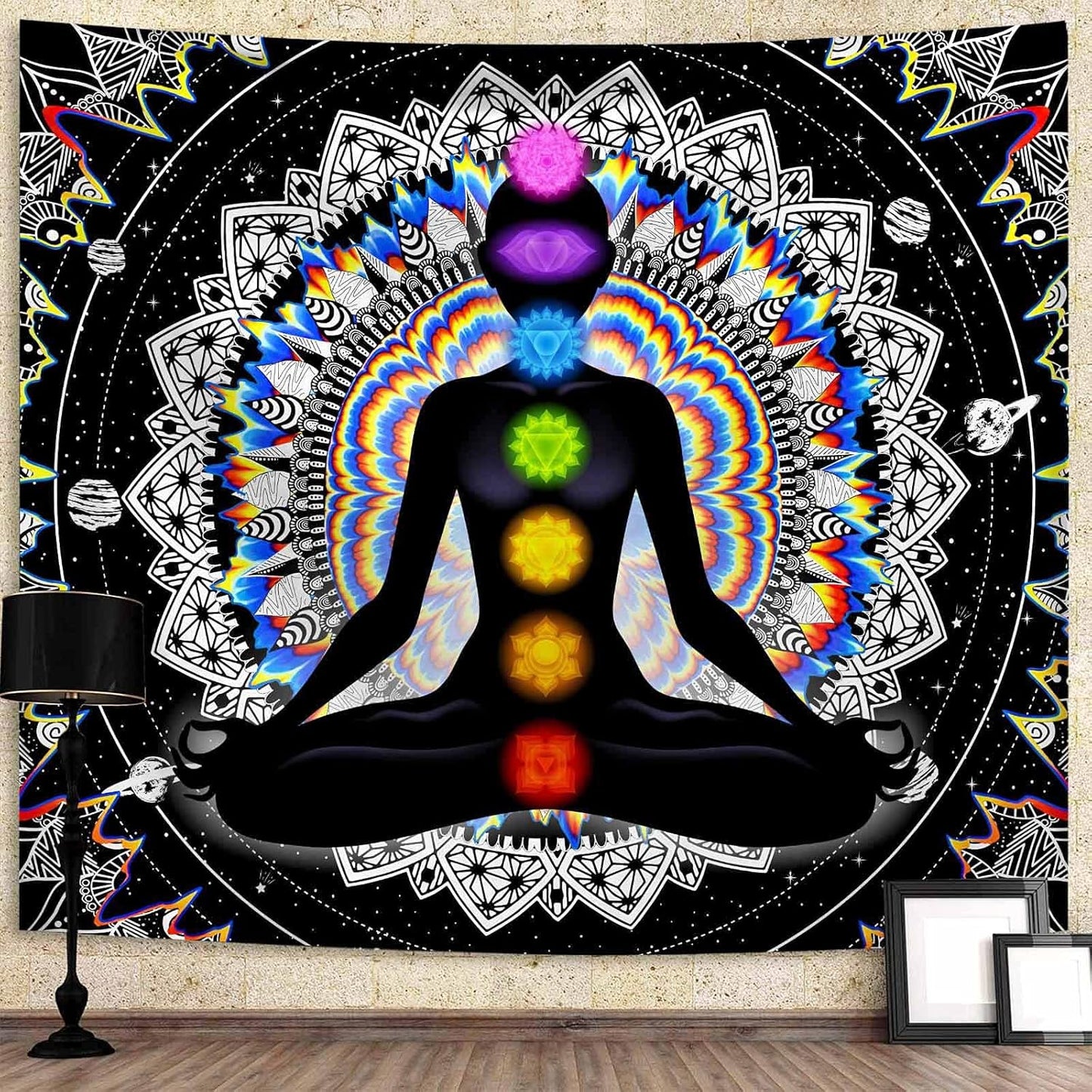 Seven Chakra Tapestry Mandala Tapestry Trippy Black and White Tapestry Celestial Space Tapestry Boho Yoga Meditation Wall Hanging Tapestry for Bedroom Home Decor (H51.2 X W59.1)