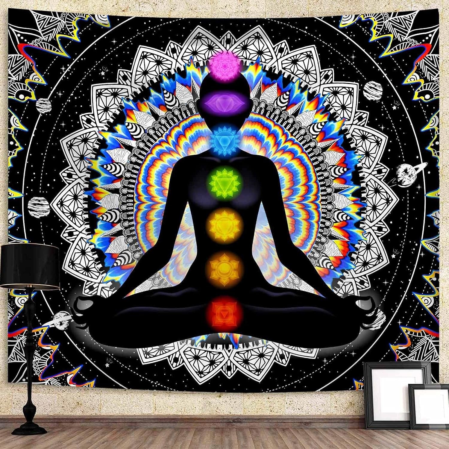 Seven Chakra Tapestry Mandala Tapestry Trippy Black and White Tapestry Celestial Space Tapestry Boho Yoga Meditation Wall Hanging Tapestry for Bedroom Home Decor (H51.2 X W59.1)