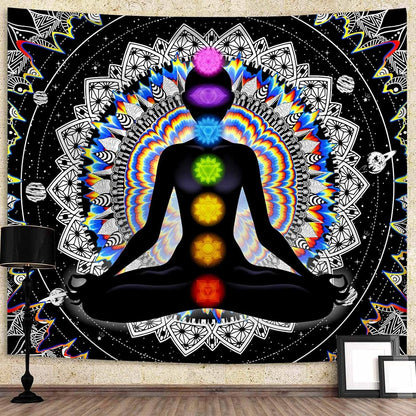 Seven Chakra Tapestry Mandala Tapestry Trippy Black and White Tapestry Celestial Space Tapestry Boho Yoga Meditation Wall Hanging Tapestry for Bedroom Home Decor (H51.2 X W59.1)