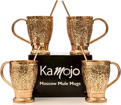 Moscow Mule Pure Copper Mugs - Embossed Set with 4 Matching Shot Glasses - Copper Straws for Cocktails & Recipe E-Book Exclusive Set of 4