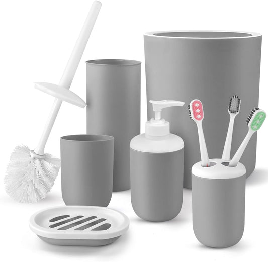 7 Pcs Bathroom Accessories Sets, Plastic Gift Set Includes Toothbrush Cup, Toothbrush Holder, Soap Dispenser, Soap Dish, Toilet Brush with Holder, Trash Can, with 3 Pcs Toothbrushes (Grey)