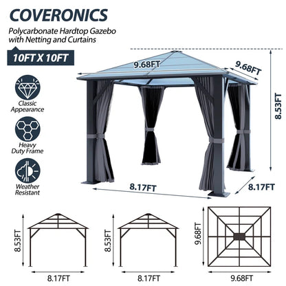 Steel Patio Gazebo - Polycarbonate Hardtop Gazebo with Curtains & Netting