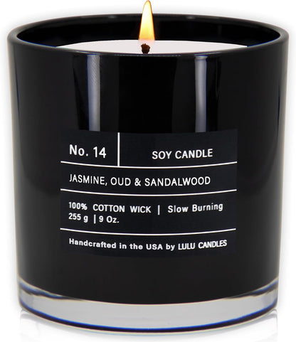 | Jasmine, Oud & Sandalwood | Luxury Scented Soy Jar Candle | Hand Poured in the USA | Highly Scented & Long Lasting (9 Oz.)